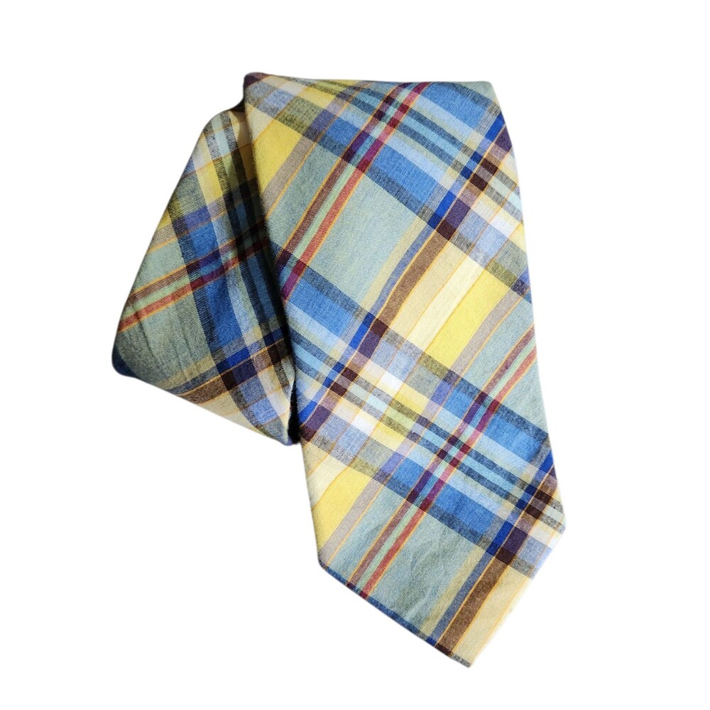 Lands End Handsewn Silk Neck Tie Yellow Blue Plaid Made in USA